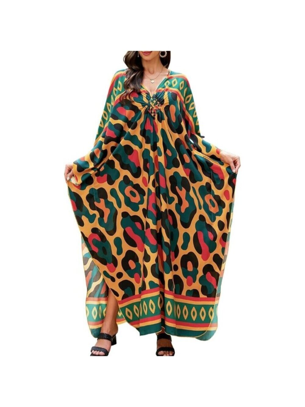 Women Orange & Green V-neck Batwing Sleeve Flowy Split Hem Bohemian Kaftan Dress